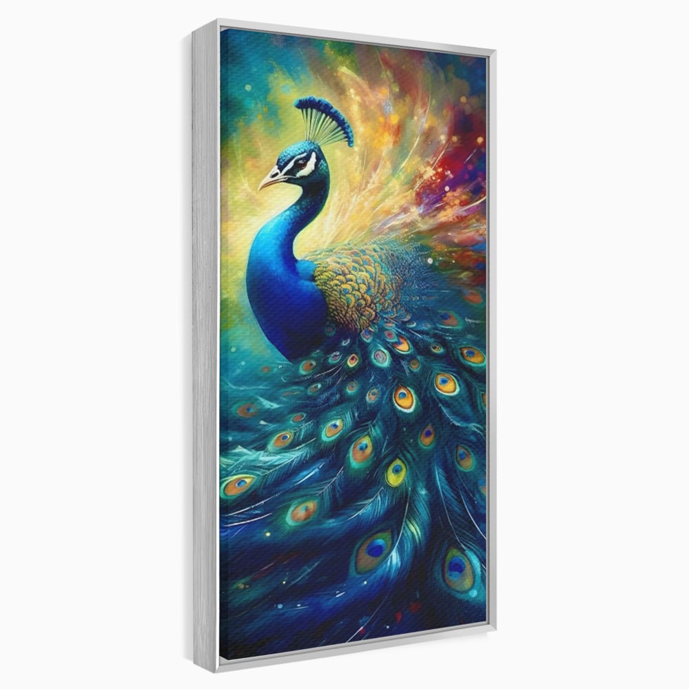 Tablou canvas cu tablou canvas cu paun colorat, in rama de aluminiu argintiu
